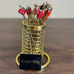 Vintage C'erden Gold and Red Cocktail Appetizer Picks Set Fruit Floral Retro